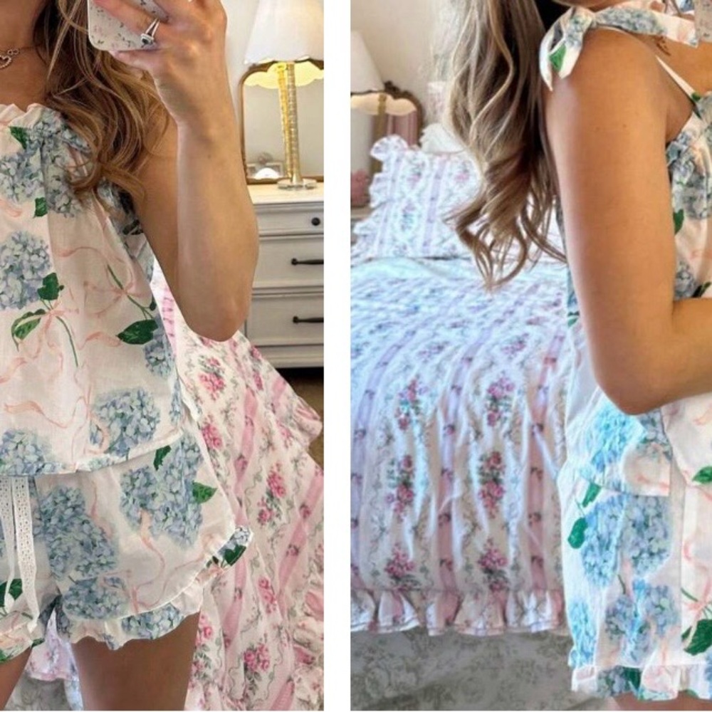 Hydrangea print  Ruffle Pajama short set with tie on shoulder